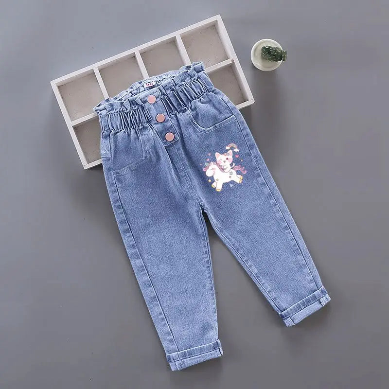 Korean version Children's Jeans 2026 Spring Autumn Season New Girls' High Waist Elastic Love Cat Printed Jeans Infant Pants