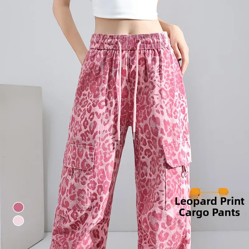 Women's Casual Pants Fall Fashion Pink Leopard Print Straight Leg Jazz Dance Workwear Trousers with Pockets American Style