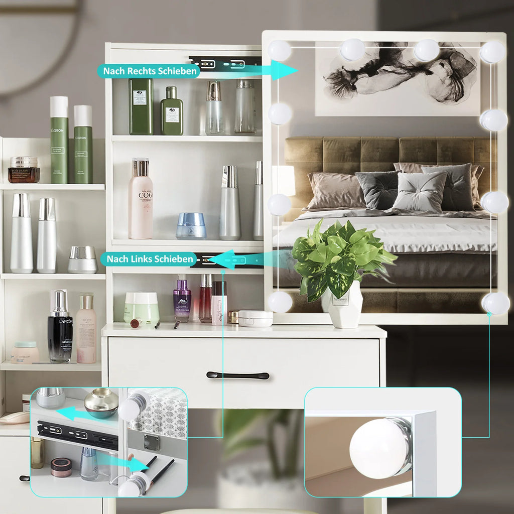 Makeup Vanity Dressing Table with Sliding Mirror 10 LED Lights Desk & Stool Set