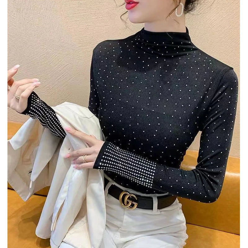 Rhinestone Half High Collar Basic T-Shirt