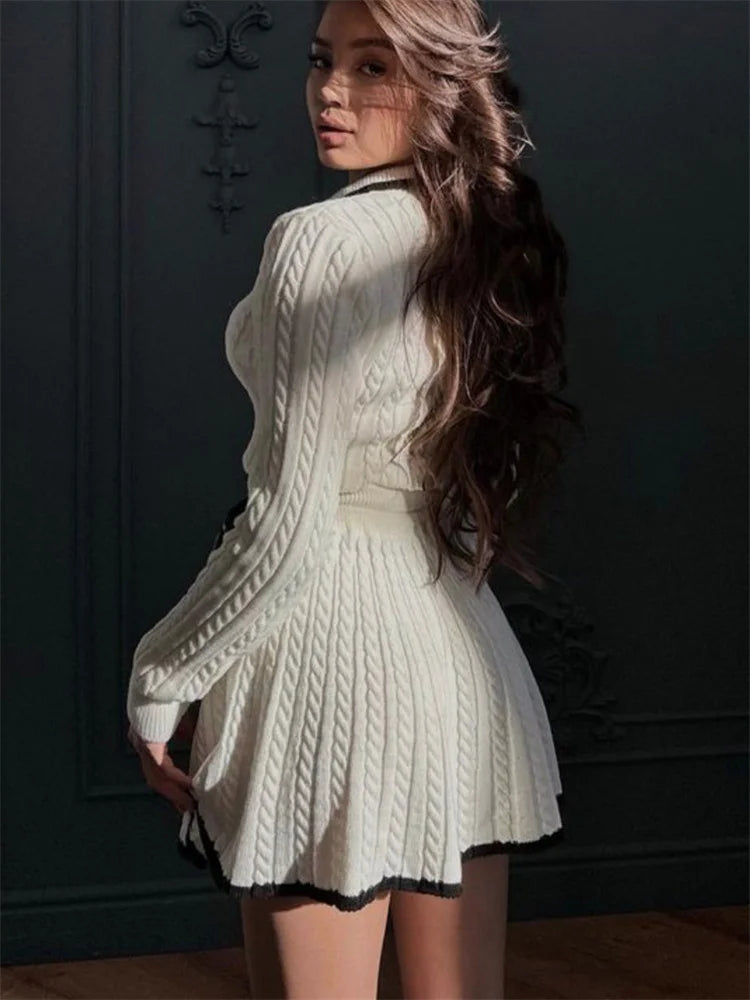 Patchwork Contrast Long Sleeve Lapel Pullover And High Waist Mini Skirt Outfit