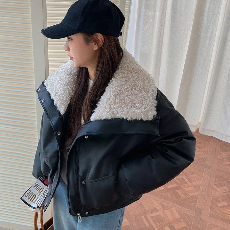 Fleece Thicken Warm Short Shearling PU Leather Jacket