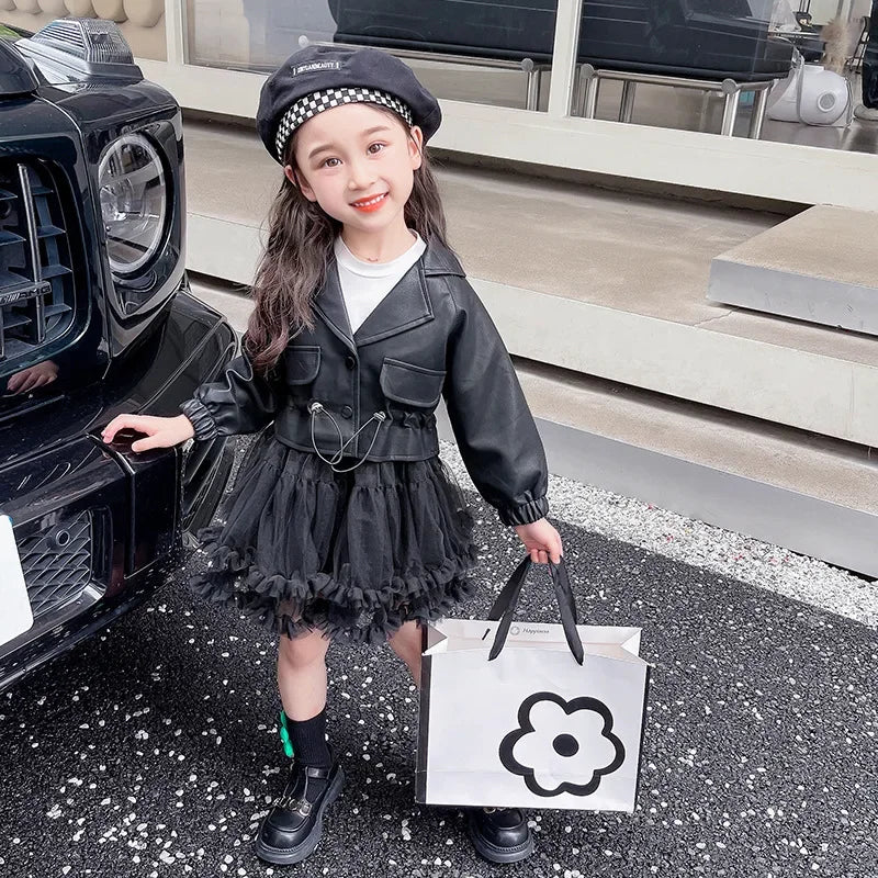 Girl Clothes Suit Autumn 2023 New Baby Foreign Style Small Fragrant Wind Leather Coat Dress Two-piece Set Kid Clothes Suit