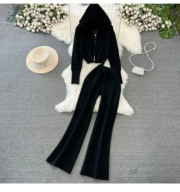 Zipper Hooded Slim Fit Knitted Sweatshirt Set