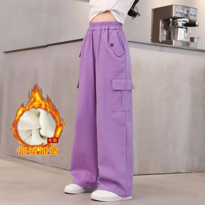 Girls Padded Cargo Pants Children Winter Fleece Trousers Kids Warm Casual Loose Clothes Teenager Autumn Fashion Wide-leg Pants