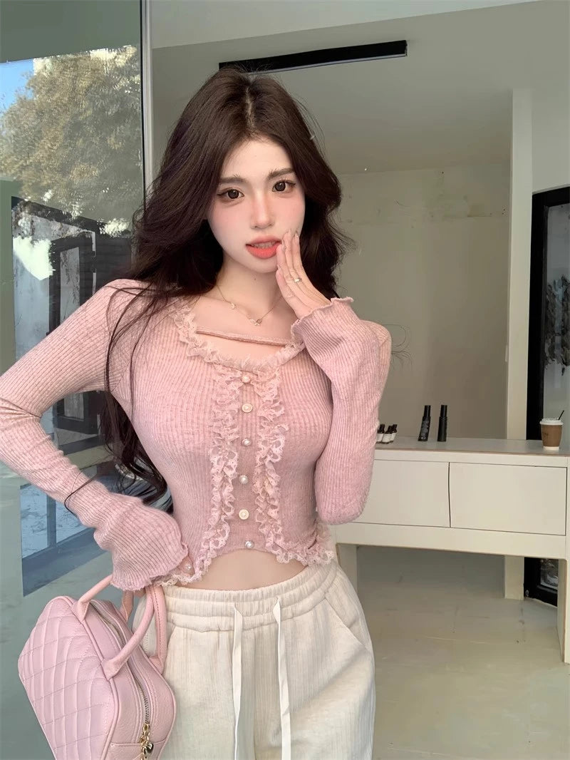 Square Collar Lace Basic Crop Top