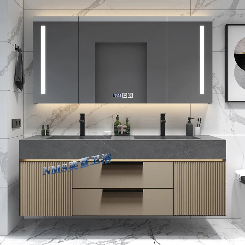 Light Luxury Slate Integrated Basin Bathroom Cabinet Double Washbasin Combination Toilet Washbasin Modern Simple Oak Smart