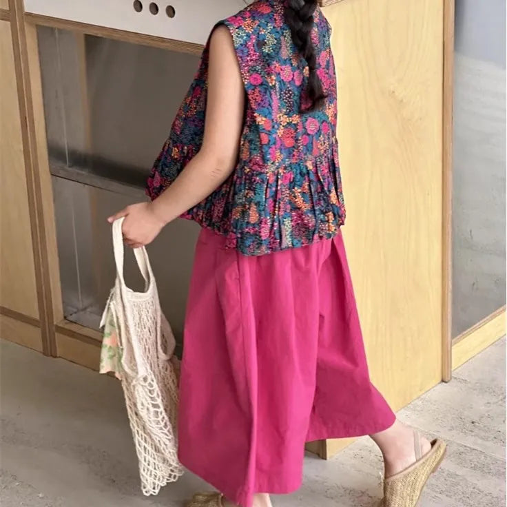 New Summer Infant Baby Girl 2PCS Clothes Set Cotton Floral Print Sleevelss T-shirt Suit Solid Soft Wide Leg Pant Kid Girl Outfit