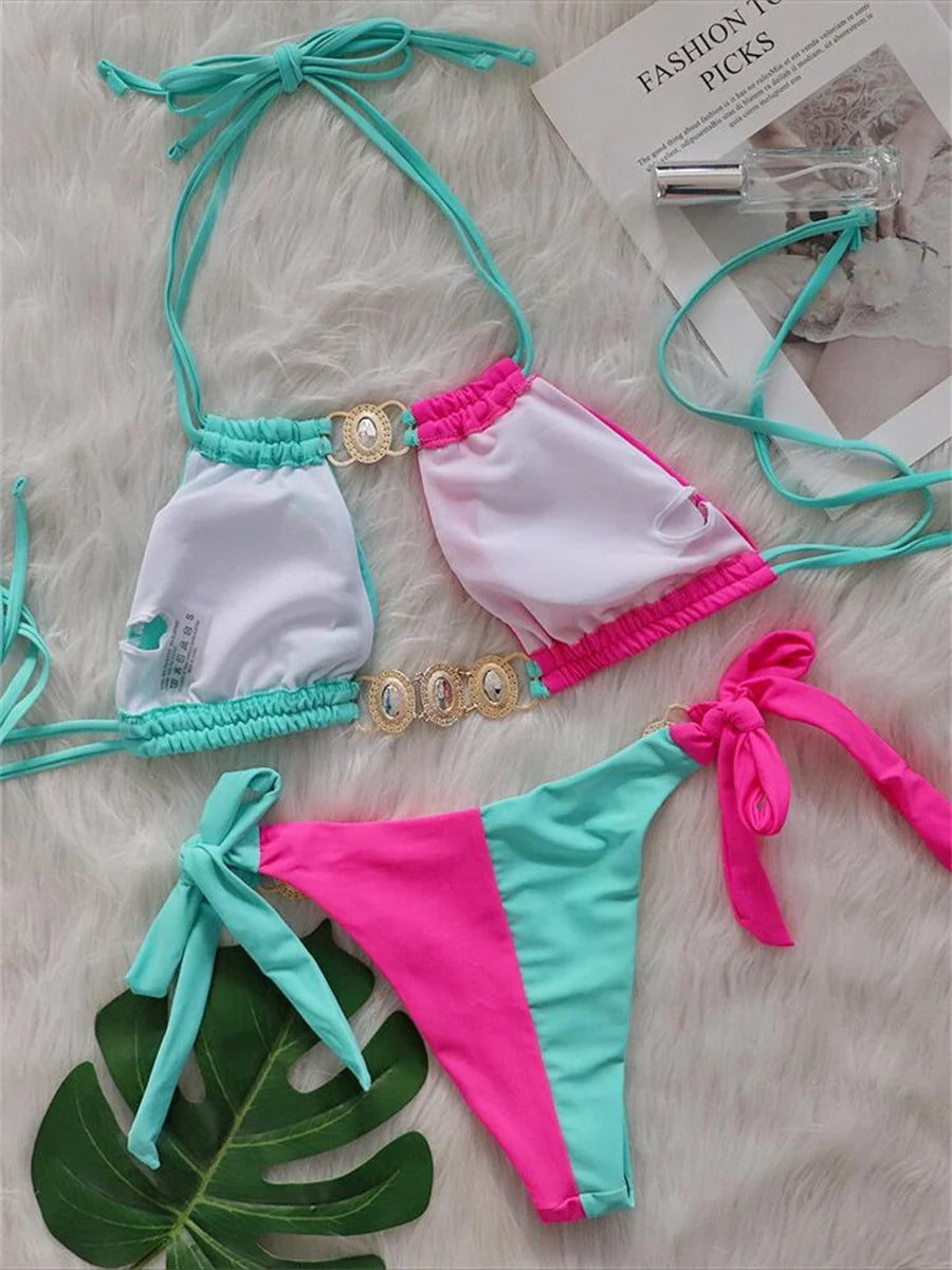 Rhinestones Splicing Bikini Set
