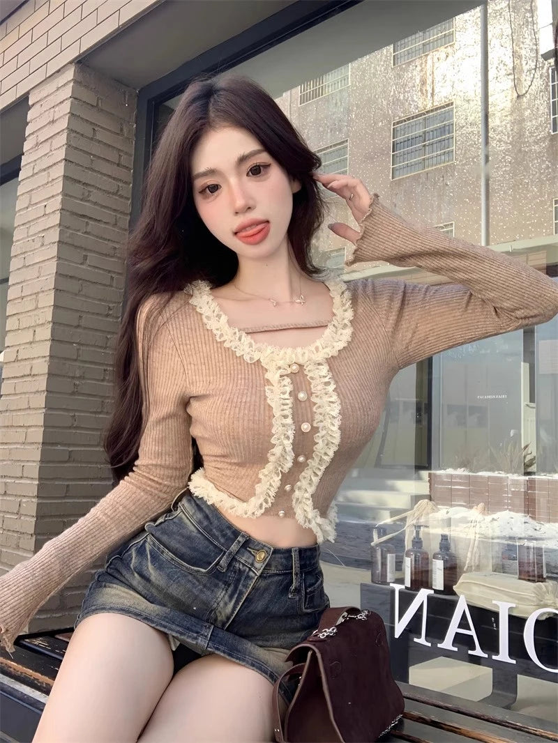 Square Collar Lace Basic Crop Top