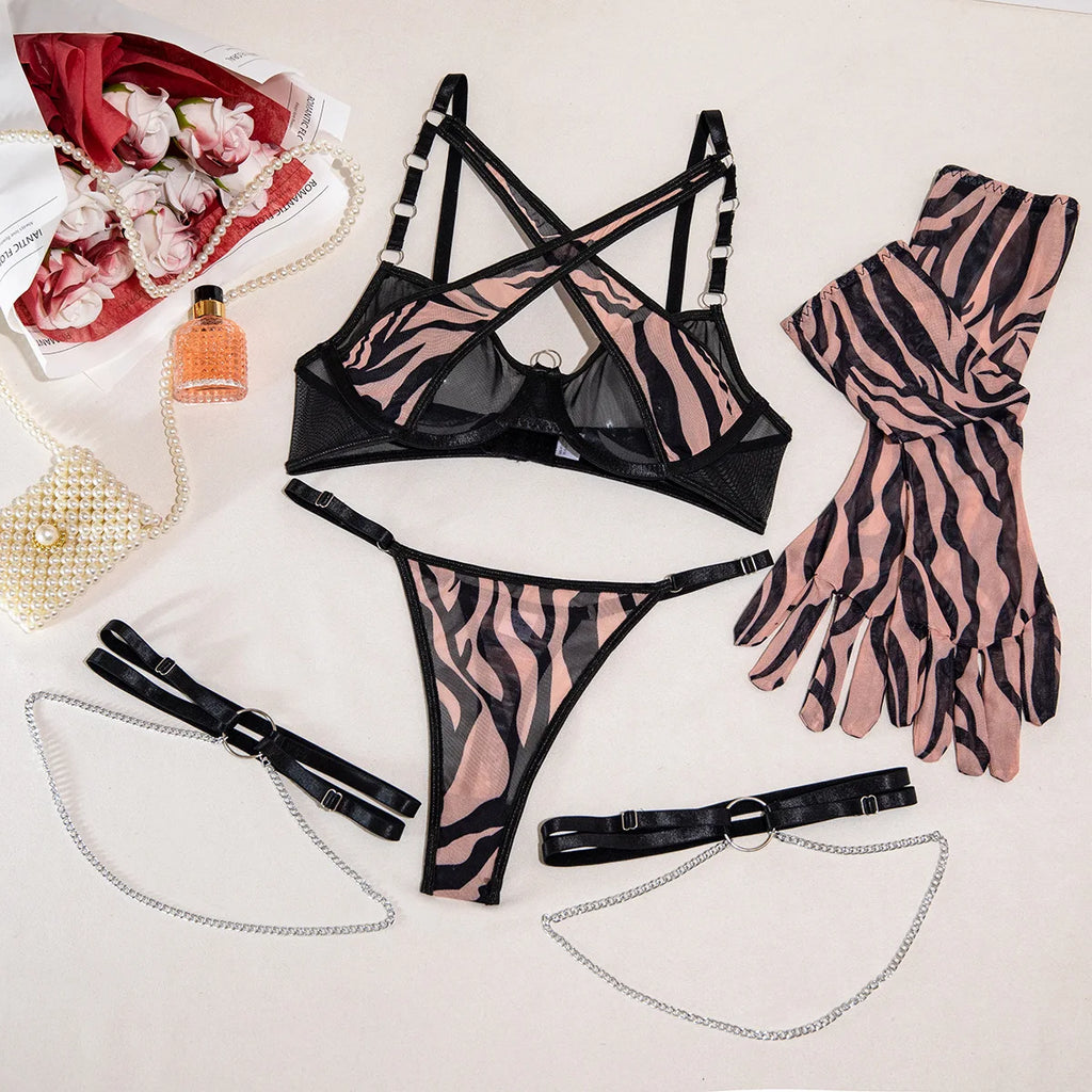 Zebra Stripes Print Lingerie 4Pcs Set