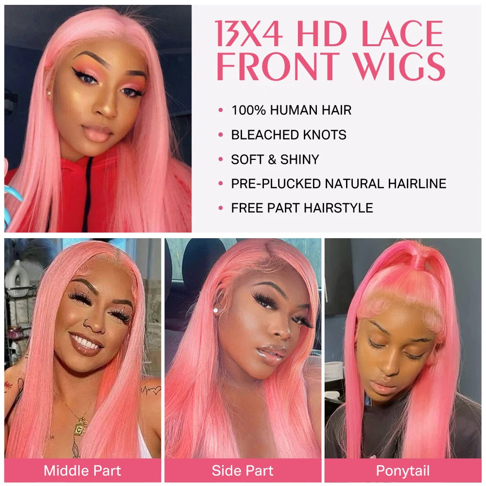 13x4 Pink Wig Lace Front Human Hair Wig Brazilian 13x6 HD Lace Frontal Wigs Pre Plucked Pre Bleached Bone Straight Colored Wigs