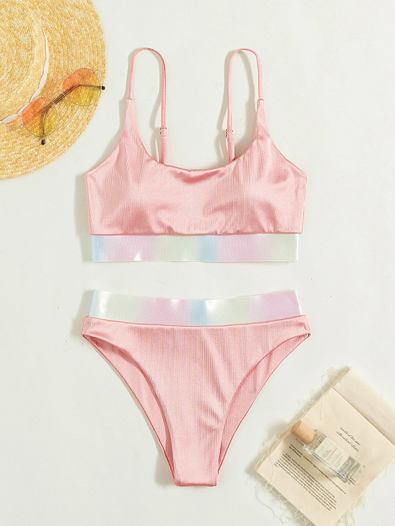 Shiny Pink Contrast Bikini Set