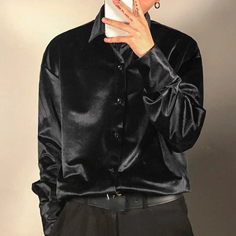 Velvet Solid Color Turn-Down Collar Buttoned Casual Shirt