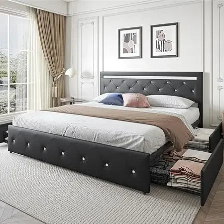 Bed Frame with Storage Drawers and LED Light