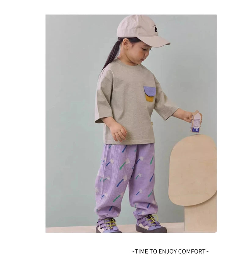 Kids Printed Mosquito-Repellent Pants Summer Boys Girls Pure Cotton Breathable Elastic Cuff Trousers for Baby Toddler Outdoor