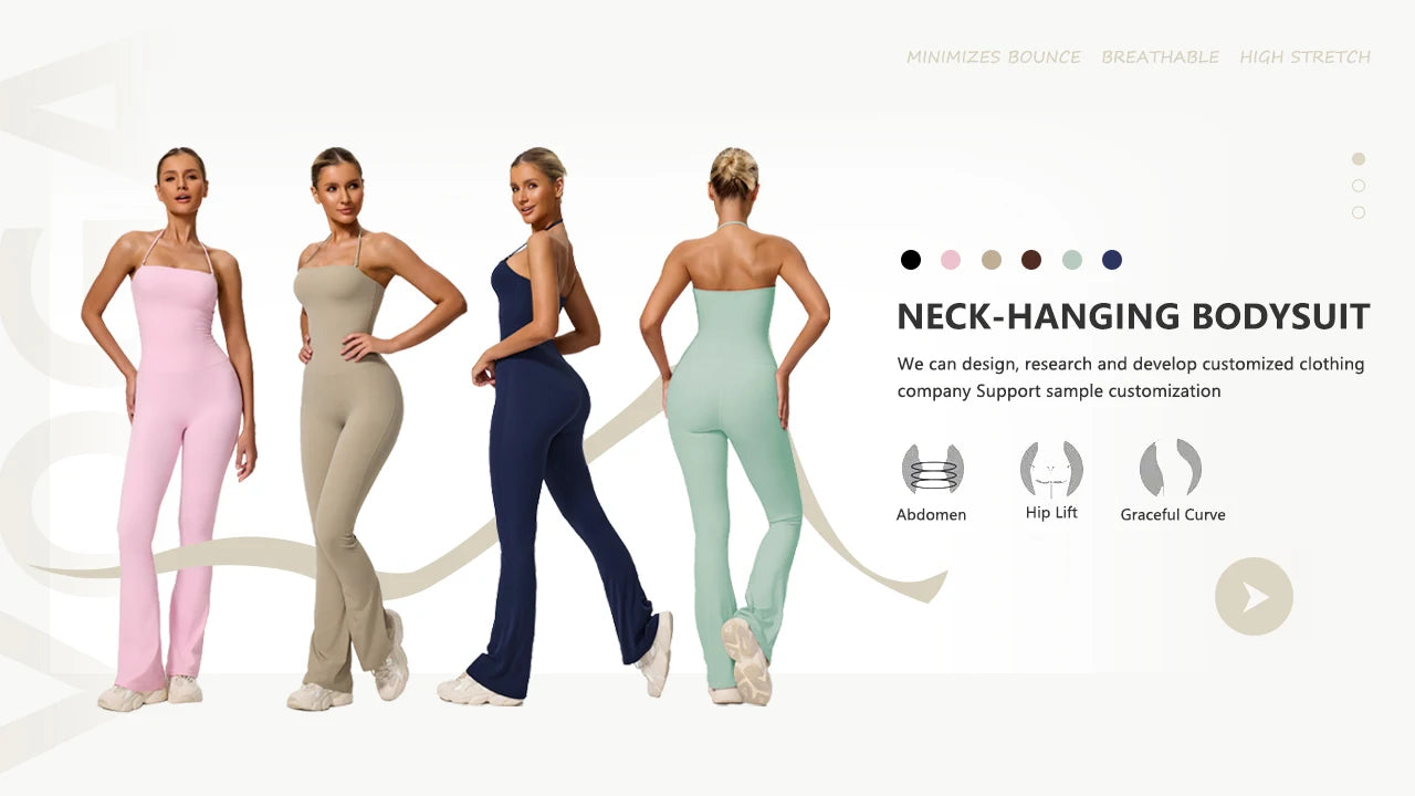 NewFall/Winter Women Sleeveless Yoga Jumpsuit Female Gym Flared Overalls Neck-hanging Backless Sportswear Sport Outfit For Woman