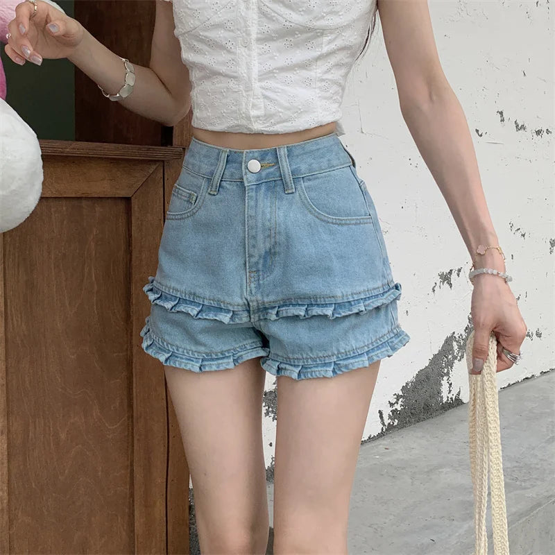 Double Ruffle Denim Shorts