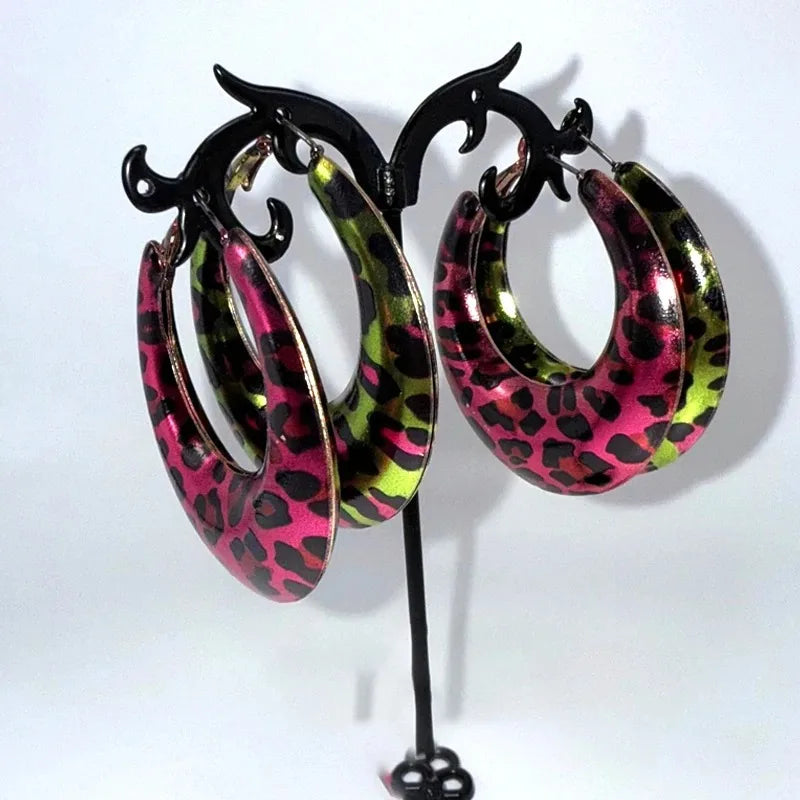 Grunge Rock Pink Leopard Print Punk Charm Earrings for Women Sexy Fashion Accessories Green Leopard Print Earrings Y2K Jewelry