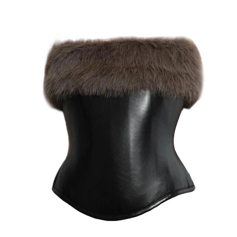 Leather Black Stitch Faux Fur Corset Strapless Tube Mini Skirt Set