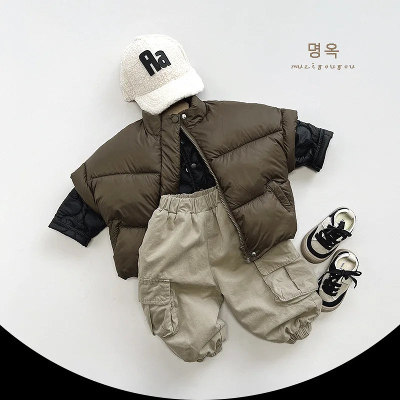 Winter New Children Loose Trousers Plus Velvet Thicken Baby Boy Girls Solid Casual Pants Fashion Kids Fleece Warm Cargo Pants