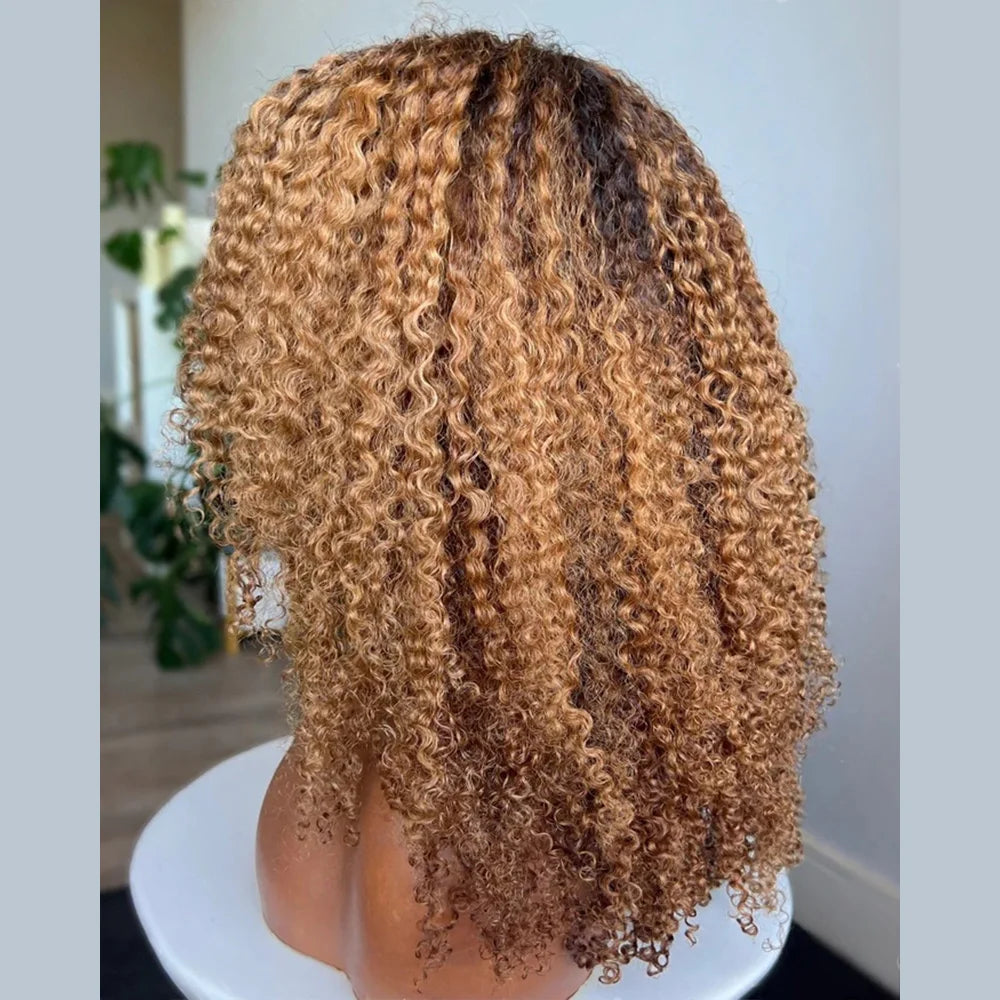 Honey Blonde Wig Burmesee Curll With Bangs 7x5  Transpaernt Lace Glueless Wig