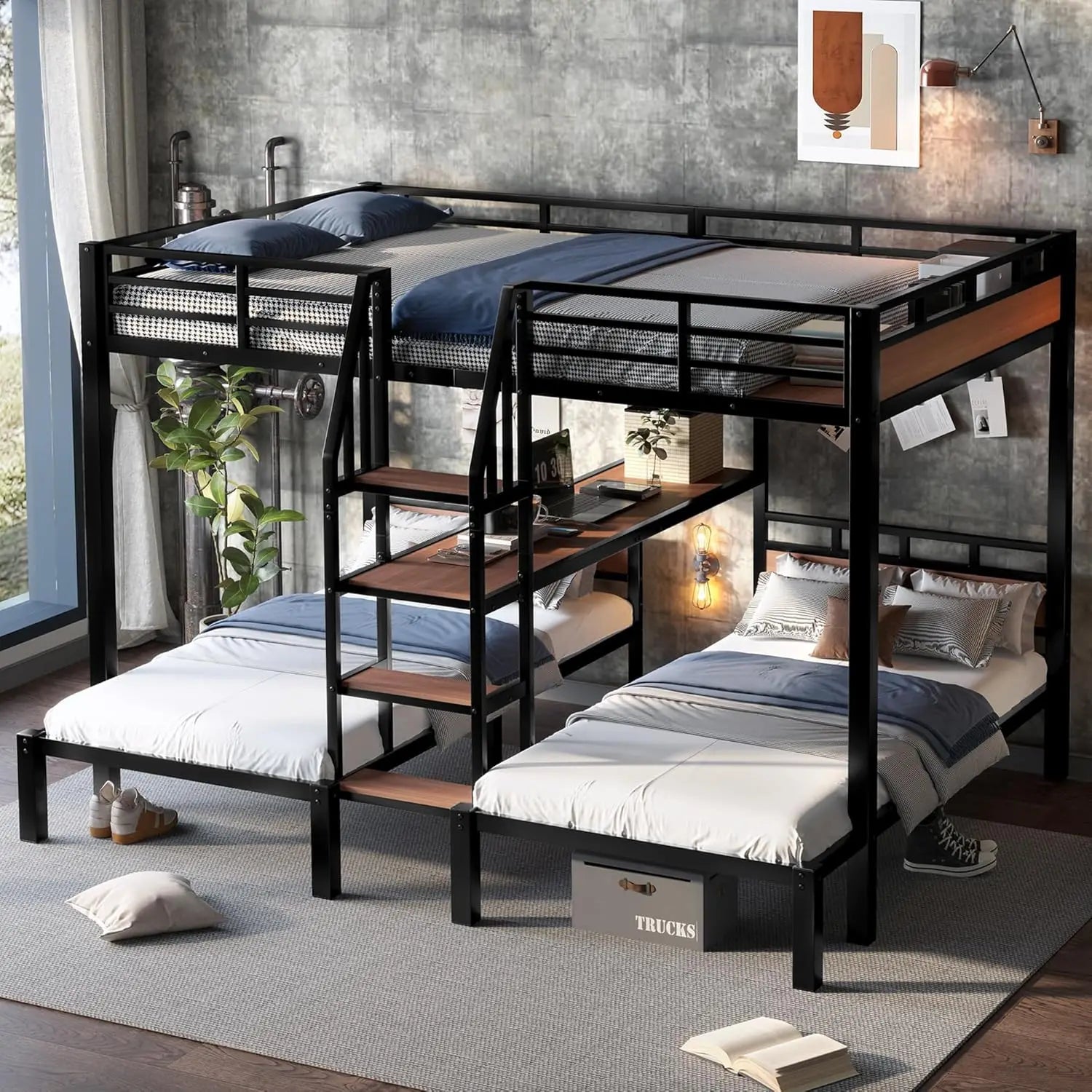 Queen Over Twin Over Twin Metal BunkBed with Storage Stairs and Shelves