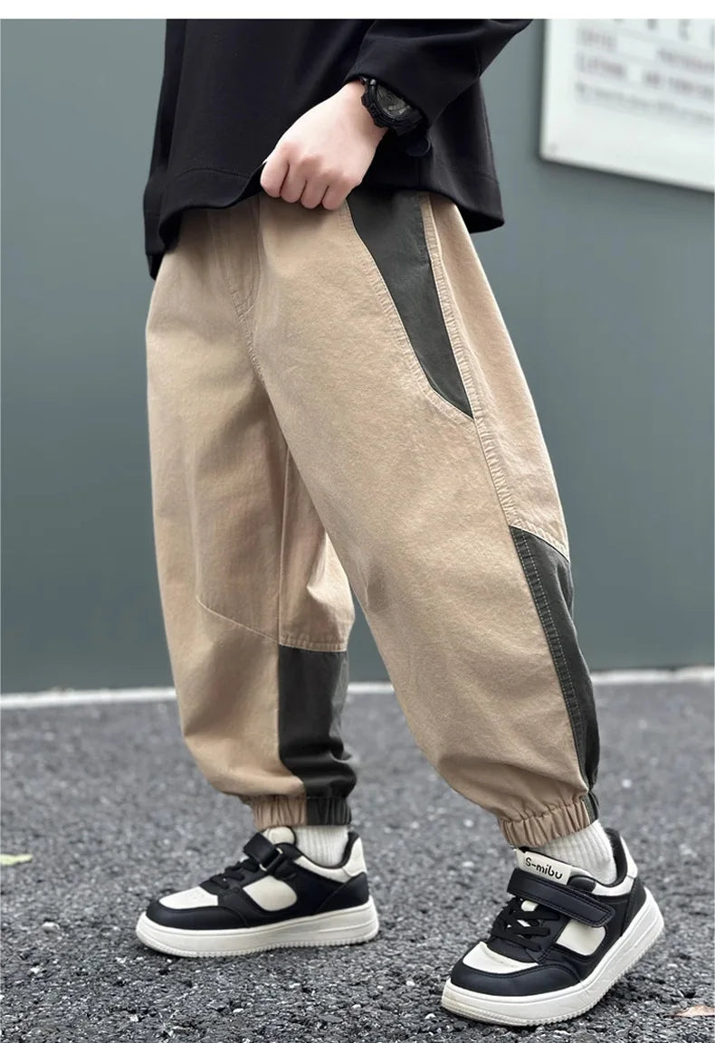 New Spring Autumn Fashion Splicing Style Boys Pants Loose Patchwork Sport Overalls Cargo Trousers For 4-14 Years Old Kids