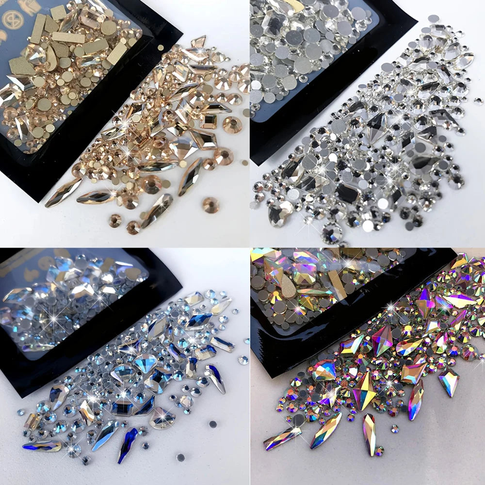 180pcs AB Flatback Glass Nail Art Rhinestones Multi-shape Mixed Diamond Gems Blue Purple Crystal Stones For DIY Nail Decoration