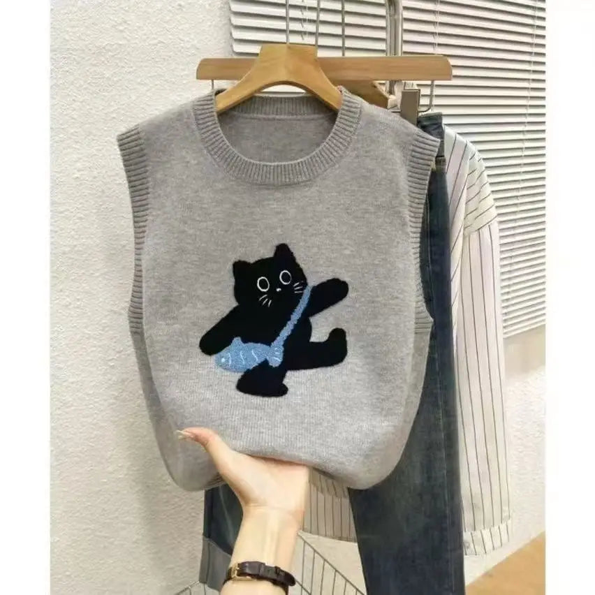 Cartoon Cat Jacquard Preppy Style Sweater Vest