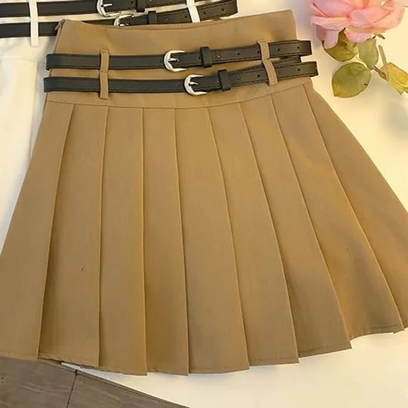 Double Belt Pleated Skirt