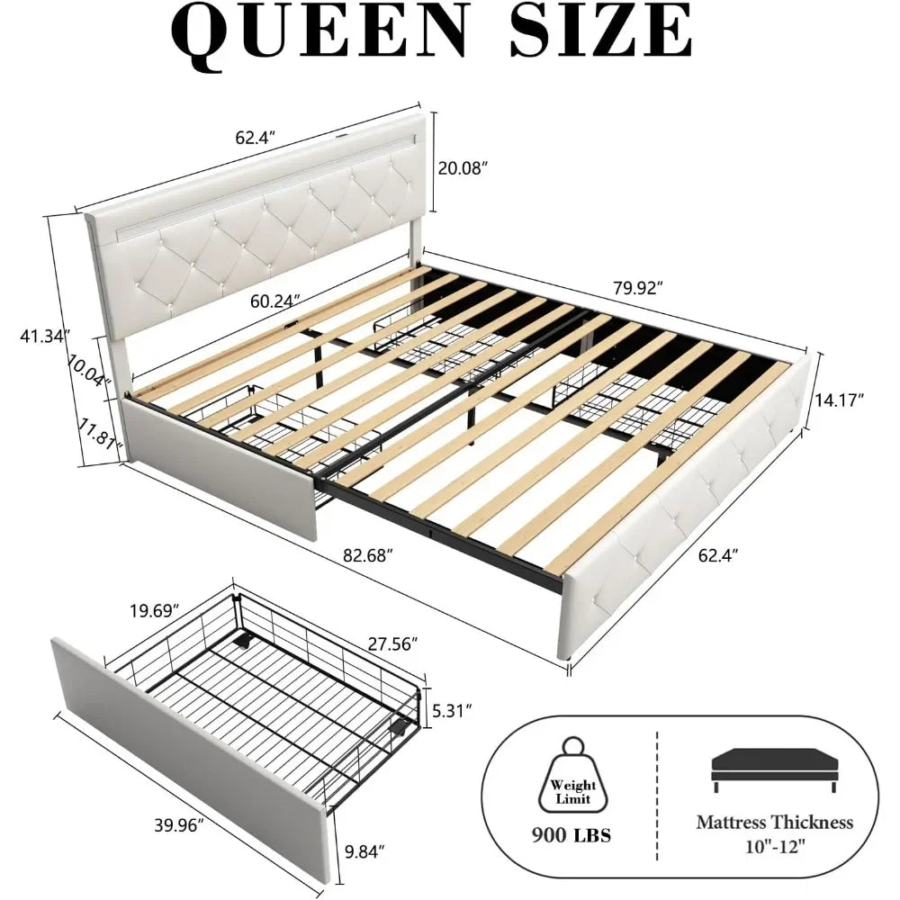 Bed Frame with Storage Drawers and LED Light
