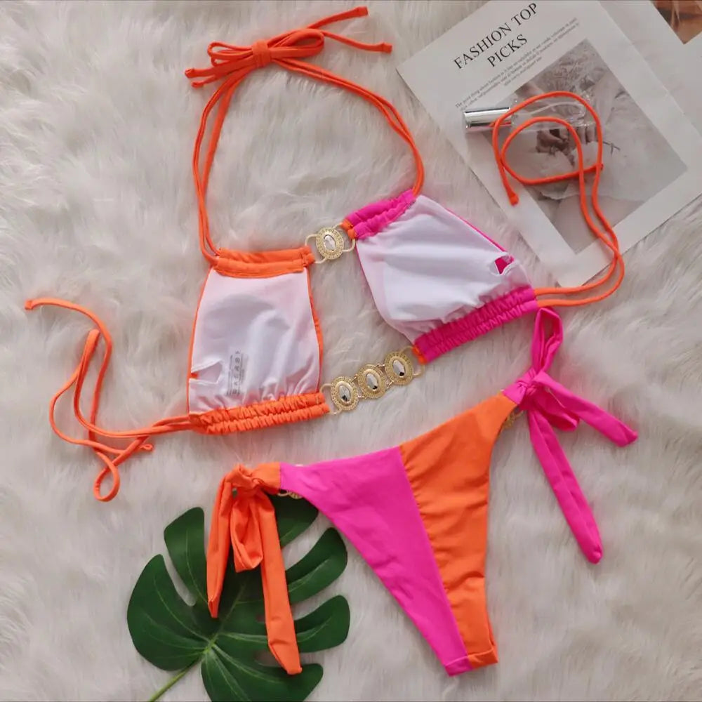Rhinestones Splicing Bikini Set