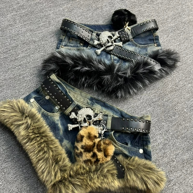 Plush Patchwork Denim Shorts