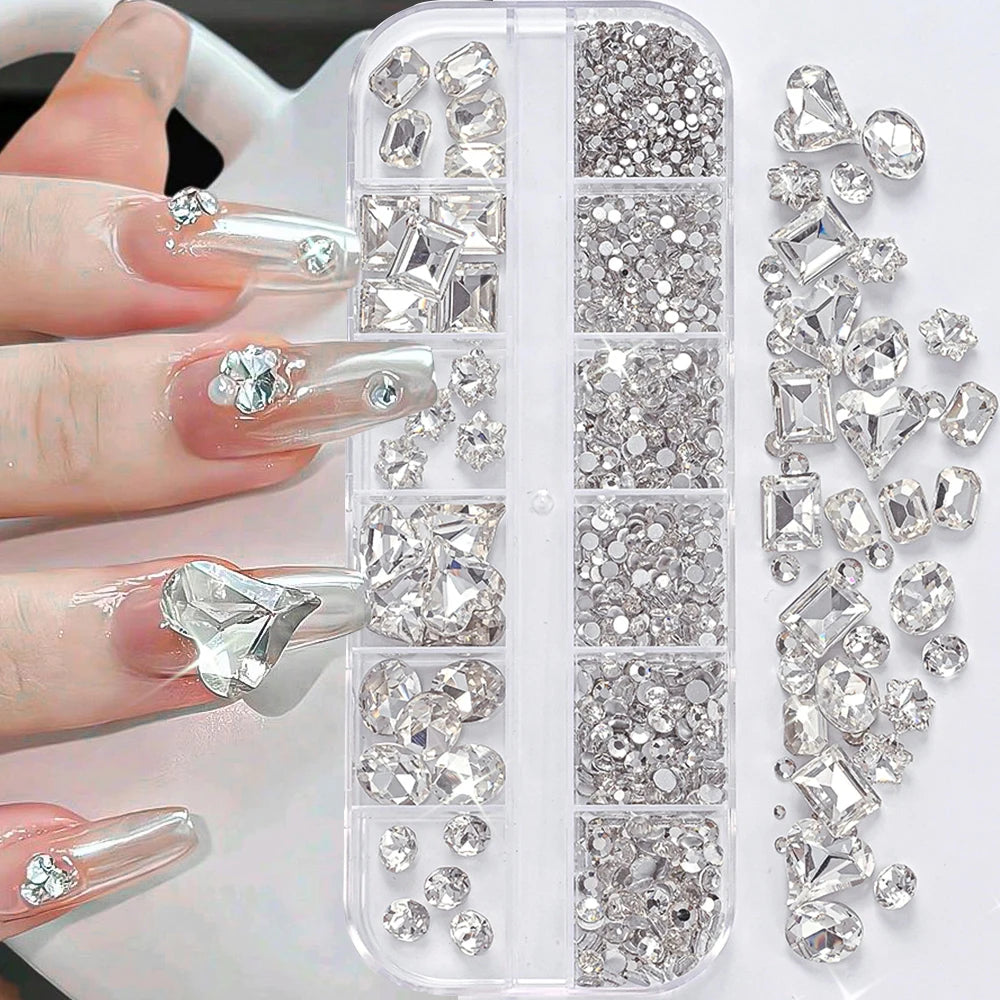 180pcs AB Flatback Glass Nail Art Rhinestones Multi-shape Mixed Diamond Gems Blue Purple Crystal Stones For DIY Nail Decoration