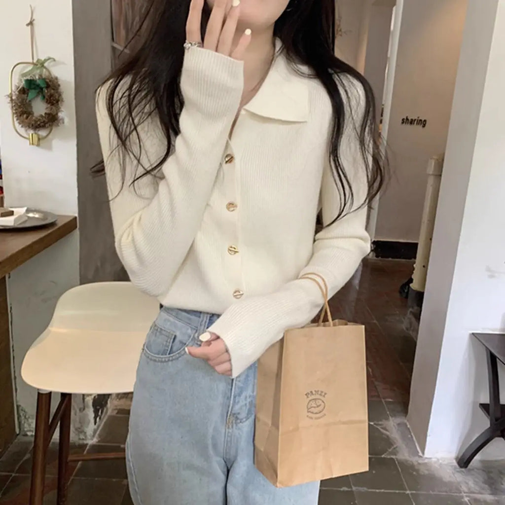 Autumn Elegant Fashion Solid Knit Cardigan Women Clothing Chic Turn-down Collar Long Sleeve Sweater All-match Elegant Button Top