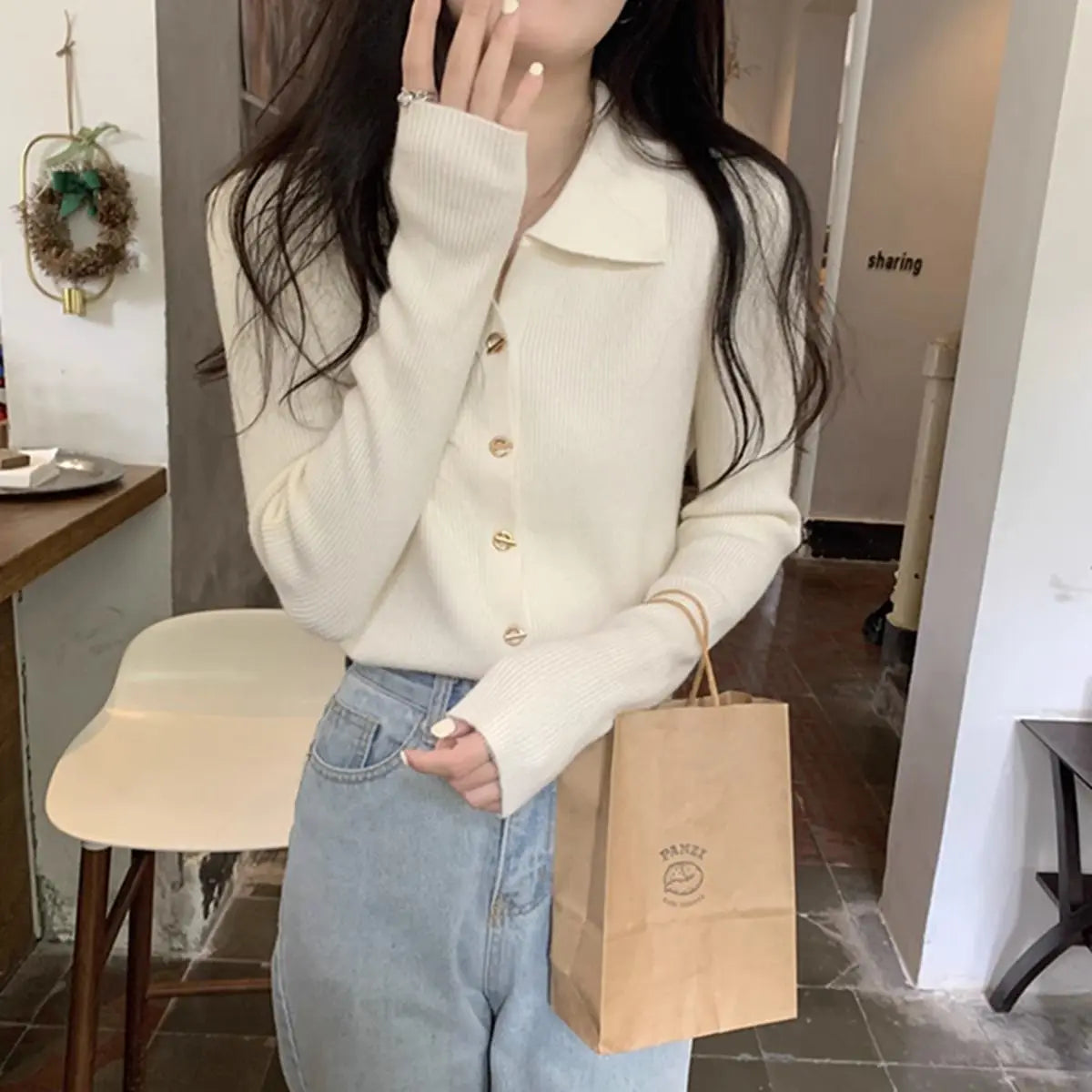 Autumn Elegant Fashion Solid Knit Cardigan Women Clothing Chic Turn-down Collar Long Sleeve Sweater All-match Elegant Button Top