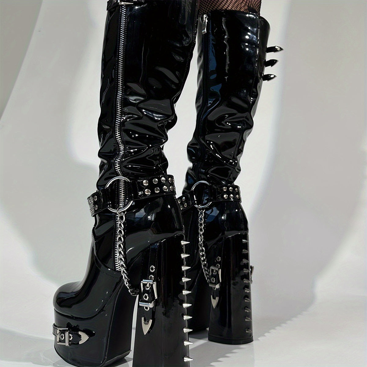 Black Rivet & Chain Studded Platform Knee-High Boots