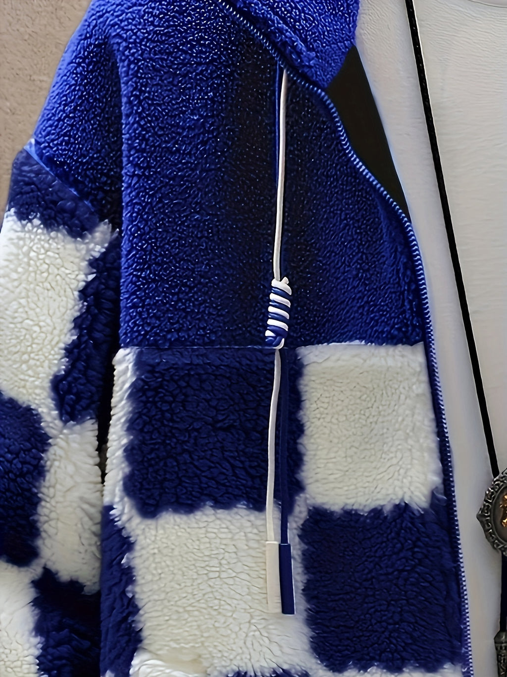 Blue & White Plush Checkered Winter Coat