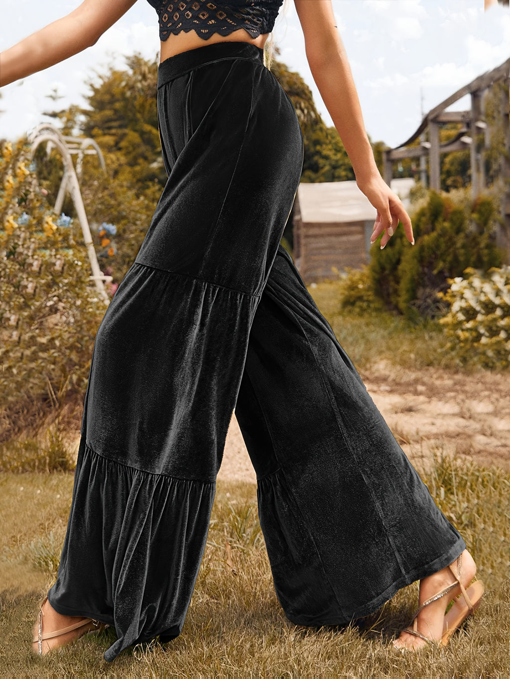 Women's Green Wide-Leg Trousers - High-Waisted Winter Pants with Ruffled Hem, Deep Green Trousers for Fall/Winter, Machine Washable Elegant Stretch Fabric (No Dry Clean) - Casual to Formal Outfits (Office, Party) - Trousers f