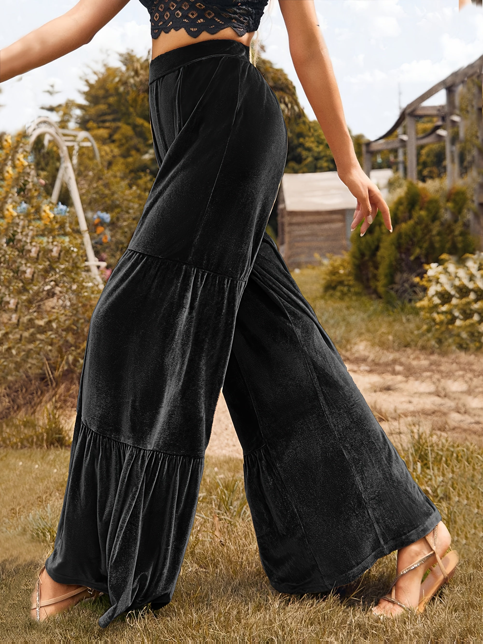 Women's Green Wide-Leg Trousers - High-Waisted Winter Pants with Ruffled Hem, Deep Green Trousers for Fall/Winter, Machine Washable Elegant Stretch Fabric (No Dry Clean) - Casual to Formal Outfits (Office, Party) - Trousers f