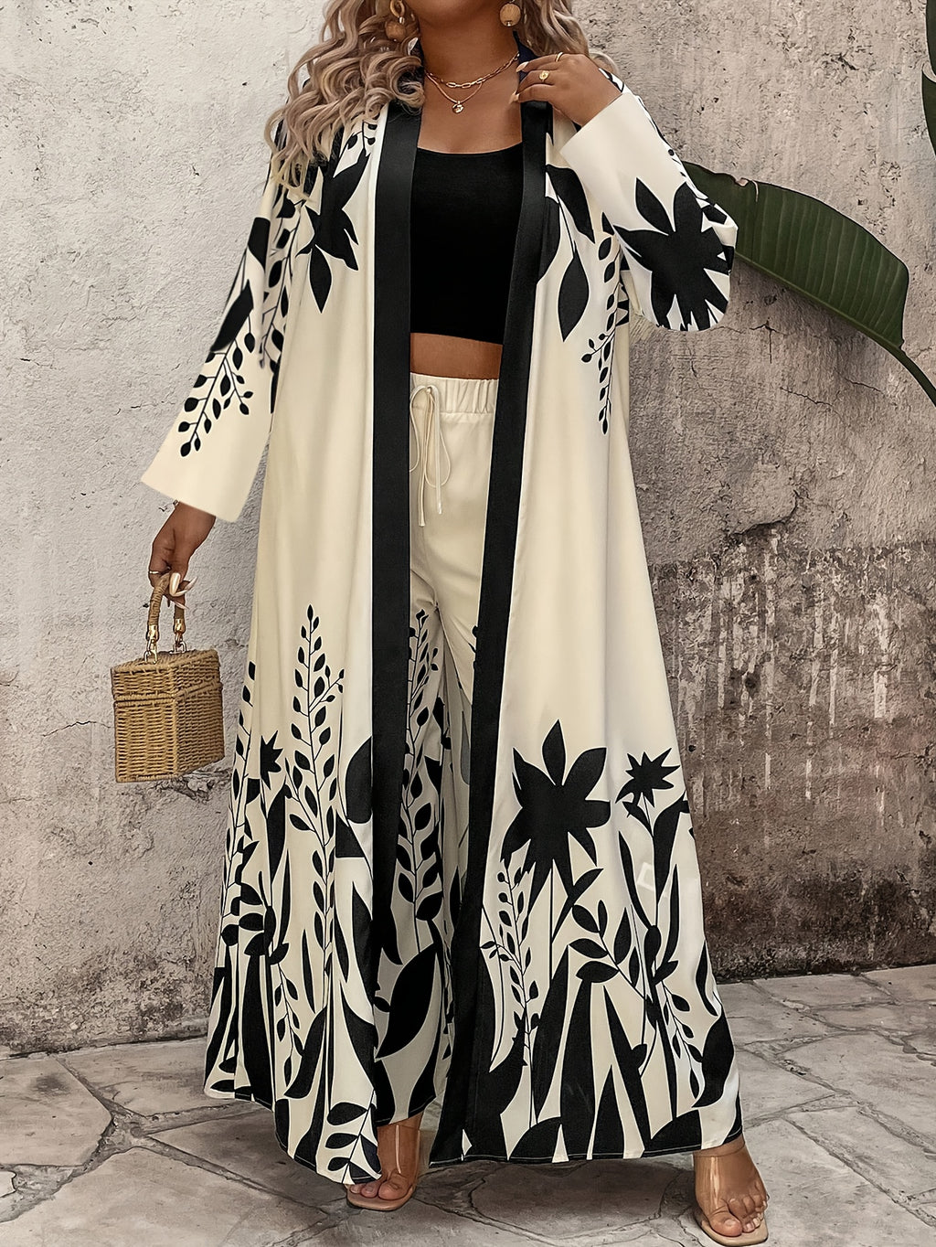 Tropical Leaf Print Maxi Coat & Wide-Leg Pants Set