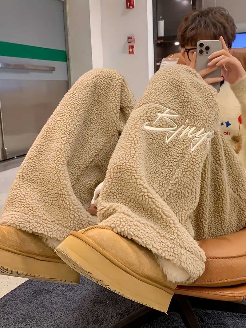 Fleece-Lined Embroidered Casual Pants