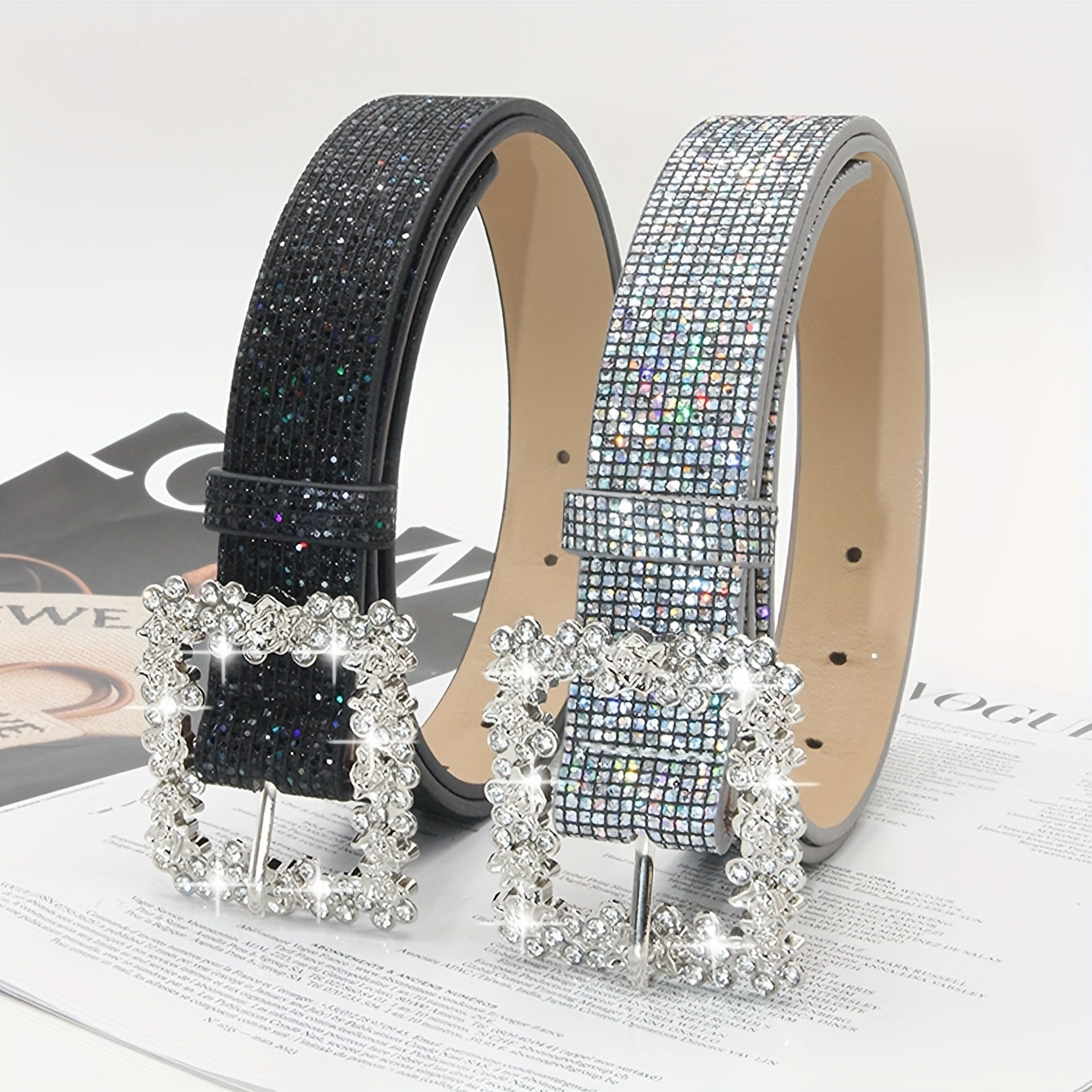 Rhinestone PU Leather Belt with Metallic Buckle