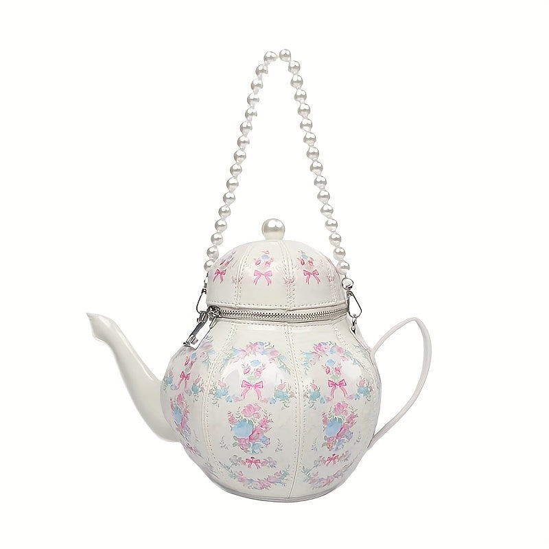 Pink Floral Tea Society Handbag for Women - Chic Designer Handbag with Pearl Strap, Adjustable & Stylish, Polyester Lined, Zip Closure, Perfect for Everyday Use Or Special Occasion
