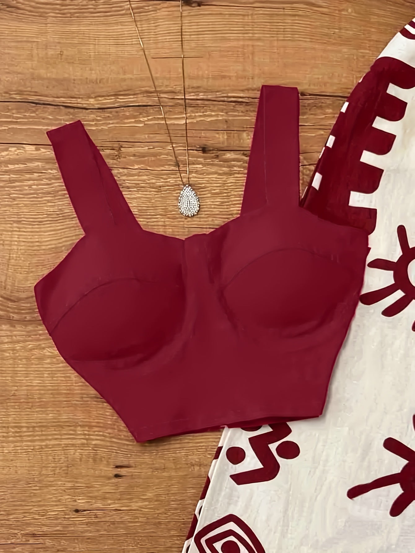 Red Printed Long Pants Set with Straps