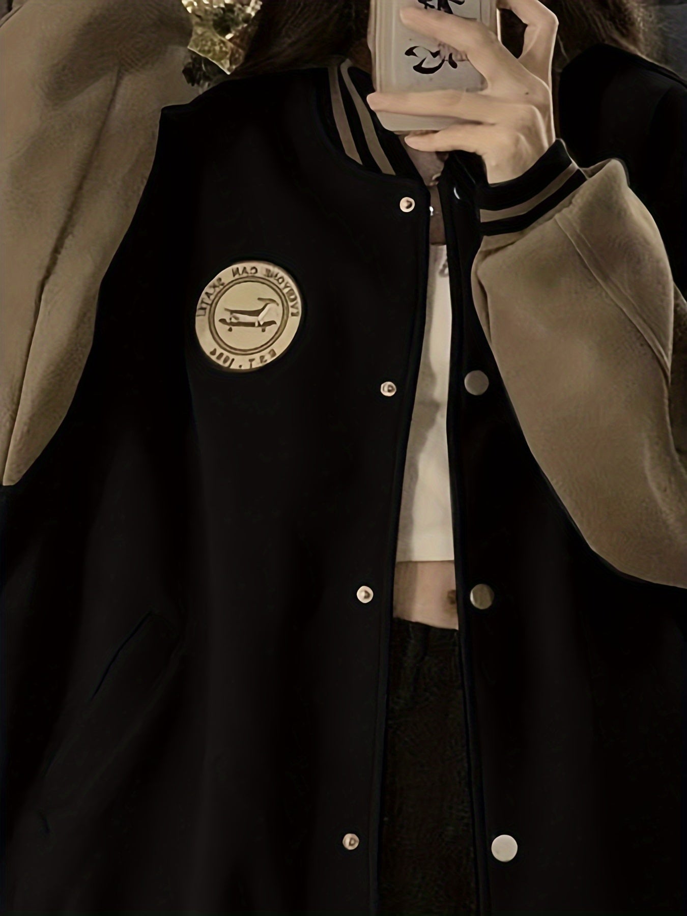 Women's Retro-Inspired Baseball Jacket - Casual, Thick & Loose Fit with Button Detail, Machine Washable