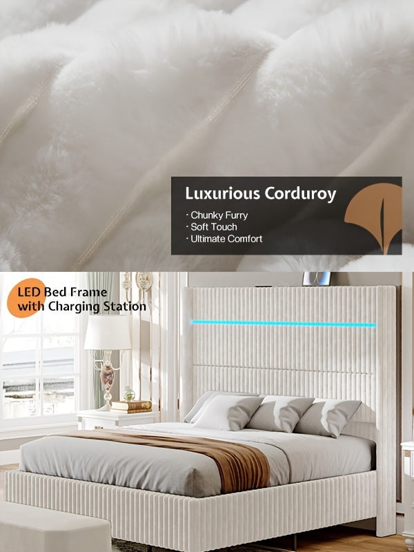 Queen/King Size LED Platform Bed Frame-60" Wingback Corduroy Headboard With USB Charging Station
