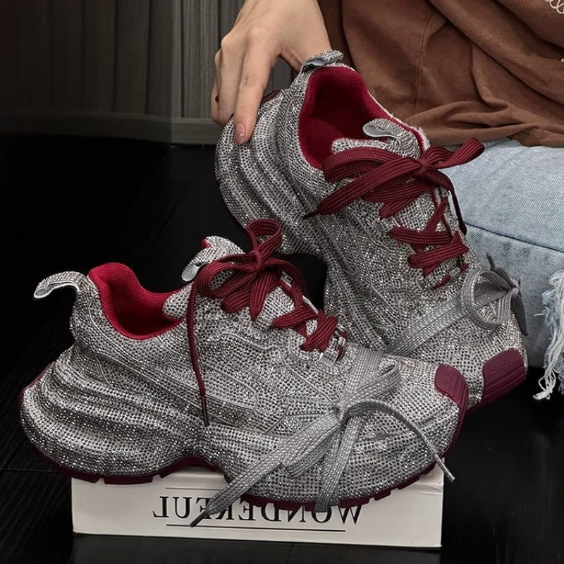 Rhinestone-Adorned Thick-Soled Dad Sneakers