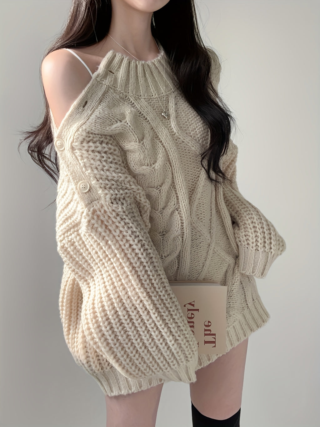 Women'S Elegant Sweater - Long Sleeve Button-Front Sweater with Twist Design, /Neutral Tones, Chic Office to Party Outfit for Fall/Winter, Everyday & Formal Events - Women'S Fashion Sweater, Sweater, Winter Clothing, Geometri